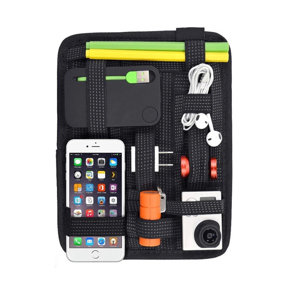 Portable Elastic Band Organizer Board - With Zipper Pocket & Multiple Stretch Straps Hanging Travel Insert for Cables/Cosmetics