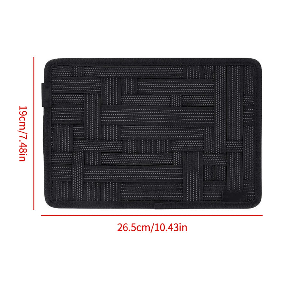 Portable Elastic Band Organizer Board - With Zipper Pocket & Multiple Stretch Straps Hanging Travel Insert for Cables/Cosmetics
