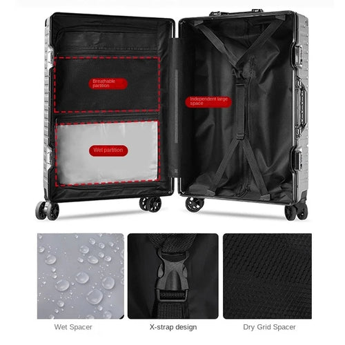 Aluminium Frame Suitcase Large-capacity Trolley Case Strong and Durable Password Cabin Bag Thickened PC suitcase 20/22/24/26/28