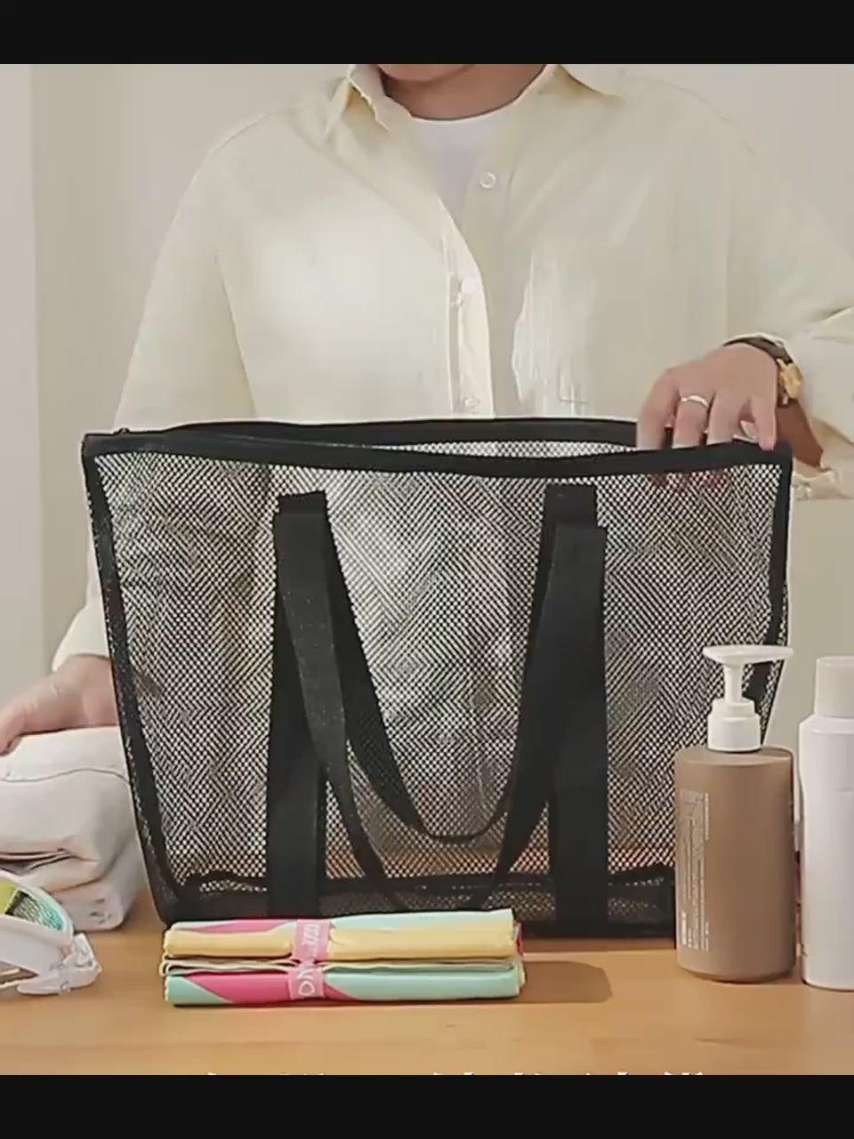 Mesh Portable Storage Bag Hanging Shower Toiletry Bag Bathroom Accessories Capacity for Beach,Swimming,Gym, Travel Essentials